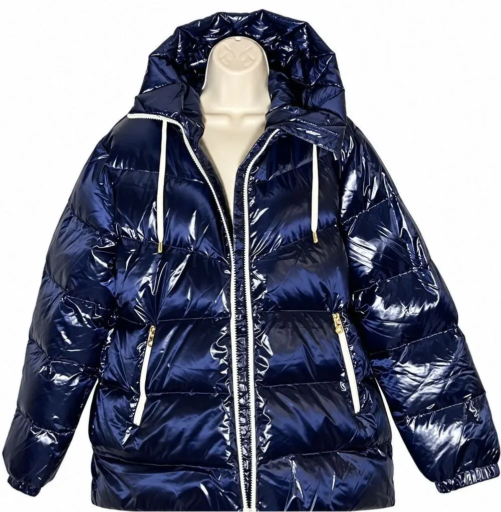 Kate Spade New York Hooded Down Puffer Jacket Shiny Navy Blue Women’s XL New